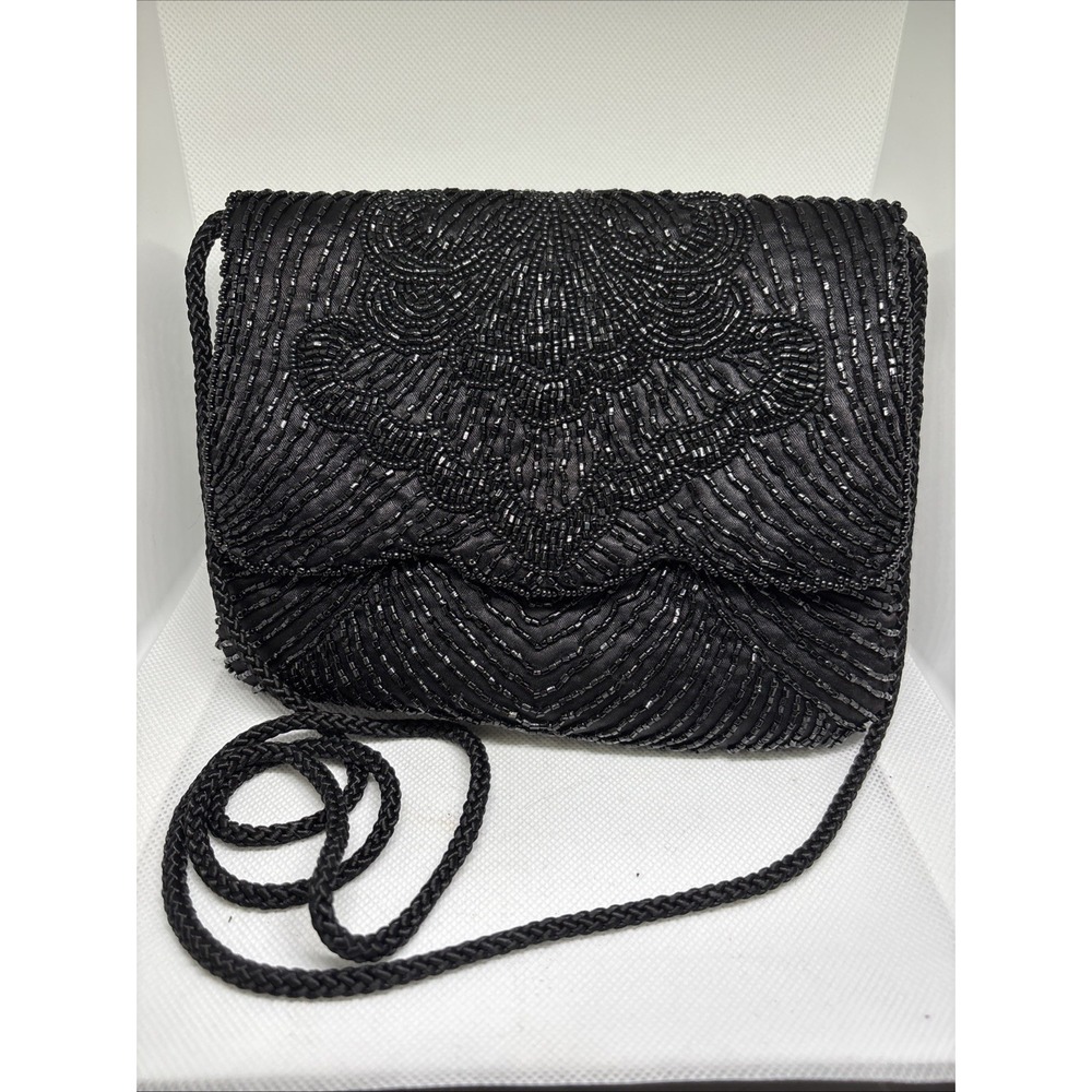 La Regale Black Satin Hand Beaded Scalloped Flap Evening Clutch Bag Art Deco VTG